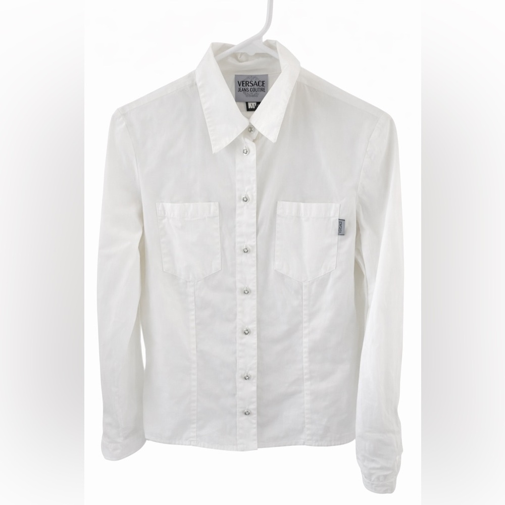 Vintage Y2K 90s Versace Jeans Couture White Embellished Button Front Shirt Sz S